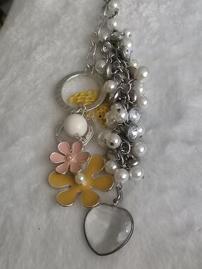 Silver-Tone Pearl & Flower Bag Charm  - Yellow & Pink